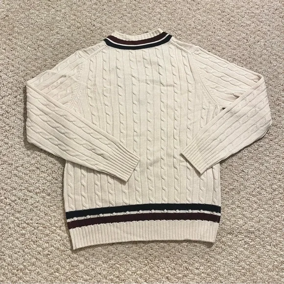 100% Merino Wool Cable Knit Cricket Stripe V-Neck Sweater - Cream NWT - Picture 4 of 4